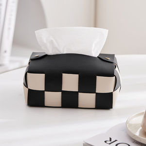 Caja de pañuelos de cuero vegano de tablero de ajedrez de moda, soporte de pañuelos de cuero para el hogar, caja de pañuelos de cuero tejido - Product Image 4