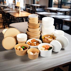 Vente en gros Récipient d'emballage jetable en papier kraft blanc imprimé avec logo personnalisé pour fast-food et salade bol à emporter avec couvercles - Product Image 6