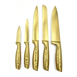 Ensemble de couteaux de cuisine en acier inoxydable revêtu de titane, couteau de cuisine doré avec base en bois, vente chaude - Product Image 5