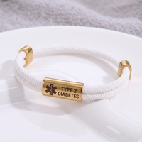 Bracelet pour diabétiques de type 2 en acier inoxydable noir gravé avec double cordon en nylon pour hommes et femmes
