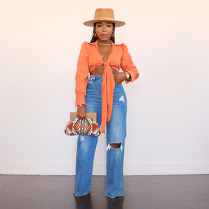 Los últimos pantalones vaqueros informales holgados de cintura alta para mujer, Pantalones vaqueros de pierna recta lavados de talla grande para niñas, <span class=keywords><strong>suavizante</strong></span> sólido rasgado de cintura media - Product Image 4