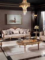 Canapé en tissu sculpté en bois massif de style européen, ensemble de meubles de salon de luxe de style français avec feuille d'or