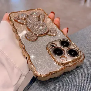 For IPhone15 Phone Case Set With Diamond Flash Violent Bear 14 Electroplated 13Promax Wavy 12