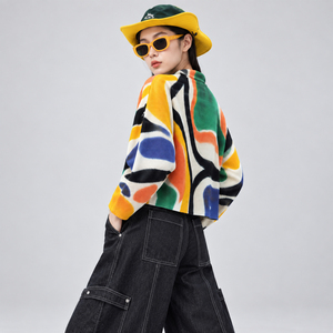 Haut court plissé Miyake à col roulé pour femme, coupe ample, style streetwear, color block, motif abstrait, manches longues, grande taille, en polyester - Product Image 2
