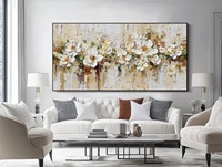 Peinture sur toile florale neutre décorative pour salon, art mural encadré de fleurs blanches, abstrait, texturé en 3D, fait à la main à l'huile