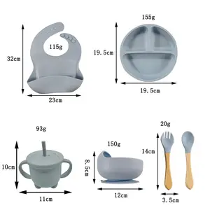 Peralatan makan anak-anak, Set peralatan makan silikon delapan potong untuk bayi, mangkuk hisap, Set makanan bayi