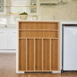 Organisateur de tiroir de cuisine moderne en bois, porte-vaisselle et porte-couverts, plateau de rangement rectangulaire avec 7 emplacements - Product Image 3