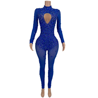 Combinaison sexy à manches longues avec strass, grande taille, pour femmes, soirée en boîte de nuit, combinaison moulante, tenue de danseuse