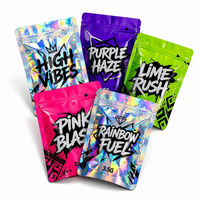 Sachets refermables holographiques anti-odeur personnalisés de 3,5g, 7g, 14g, 28g, en Mylar avec fermeture éclair, pour emballage alimentaire de bonbons gélifiés