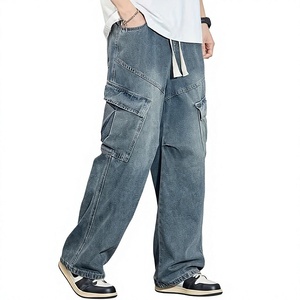 Jean cargo bleu délavé vintage pour homme, coupe ample, jambe large, en denim, avec poches utilitaires, style streetwear, pantalon décontracté, mode et tenue de travail - Product Image 2