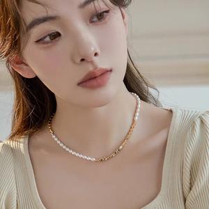 14K Gold Beaded <b>Necklace</b> with Natural Freshwater Rice Beads Luxury <b>Short</b> Style Collarbone Chain Fine Beaded <b>Necklaces</b> - Product Image 3