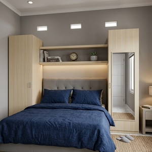 Armoire de lit en contreplaqué et placage de frêne blanc Sungkai, finition naturelle, unité de rangement pour chambre à coucher avec miroir et étagères - Product Image 4