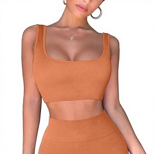 Ensemble de yoga côtelé à col carré, short taille haute, sans manches, deux pièces, couleur unie, respirant, séchage rapide, sans couture, en Spandex et Polyester - Product Image 1