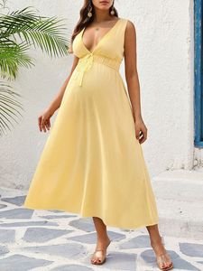 Abito <span class=keywords><strong>Premaman</strong></span> Estivo da Spiaggia Midi Senza Maniche con Scollo a V Profondo sulla Schiena, Scollo a V Incrociato, Vita Empire con Coulisse, Traspirante - Product Image 3