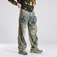 SOONREE Jeans cargo noirs personnalisés pour hommes, coupe ample, jambe large, denim déchiré, panneaux zippés, streetwear Y2K