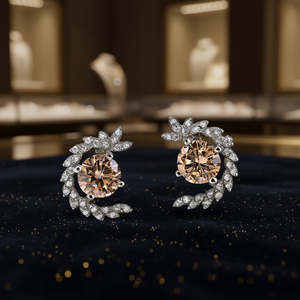 Orecchini in Oro Bianco con Diamanti Taglio Brillante Rotondo, Diamanti Naturali Fantasia, Gioielli Romantici da Sposa per Donna - Product Image 2