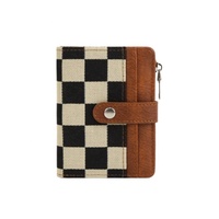 Dompet Mini Lucu Trendi dengan Kancing, Tempat Kartu Bermotif Kotak-kotak, Dompet Koin, Dompet Pendek Kulit PU untuk Perjalanan, Tempat Kartu Identitas dan Kartu Kredit Wanita