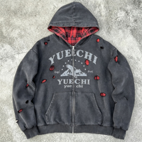 Nouveau sweat à capuche réversible sur mesure, style streetwear, en coton oversize, avec déchirures, effet usé, doublure à carreaux et lavage acide, zippé