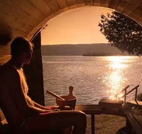 Tong Sauna uap tradisional 5 orang, untuk penggunaan taman, kompor pembakar kayu Cedar merah padat, Sauna keluarga luar ruangan
