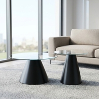 Table basse ronde à plateau en verre trempé et base conique noire, ensemble de tables basses gigognes pour salon