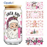Stock d'usine, série de Noël rose, UV pour transfert sur pot en verre de 16 oz, motif de Noël mignon, nœud de Noël, bonbons, léopard, Père Noël, design de tasse