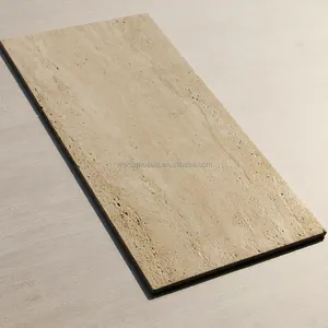 Cuerpo completo personalizado piedra Natural Beige travertino azulejo hoja piso losa baño piso azulejos piedra revestimiento pared azulejos