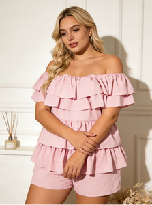 Joyinspring - Pantalones de una Pieza para Mujer, Talla Grande, Color Rosa, Hombros Descubiertos, con Volantes, Sólidos, de Verano, de Secado Rápido, Tejido de Punto, Corte Regular - Product Image 2