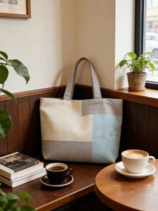 Sac fourre-tout esthétique et léger en toile patchwork pastel blanc, idéal pour les courses et l'école, fourni directement par l'usine - Product Image 6