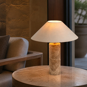 Lampada da Tavolo a Colonna in Marmo Grigio con Ampia Paralume in Tessuto Affusolato per Camera da Letto, Comodino, Soggiorno e Progetti Alberghieri - Product Image 1