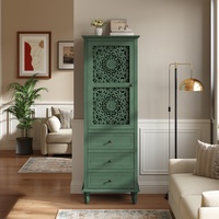 Armoire de rangement latérale haute autoportante en bois sculpté vert vintage de 63 pouces de hauteur avec trois tiroirs pour salon
