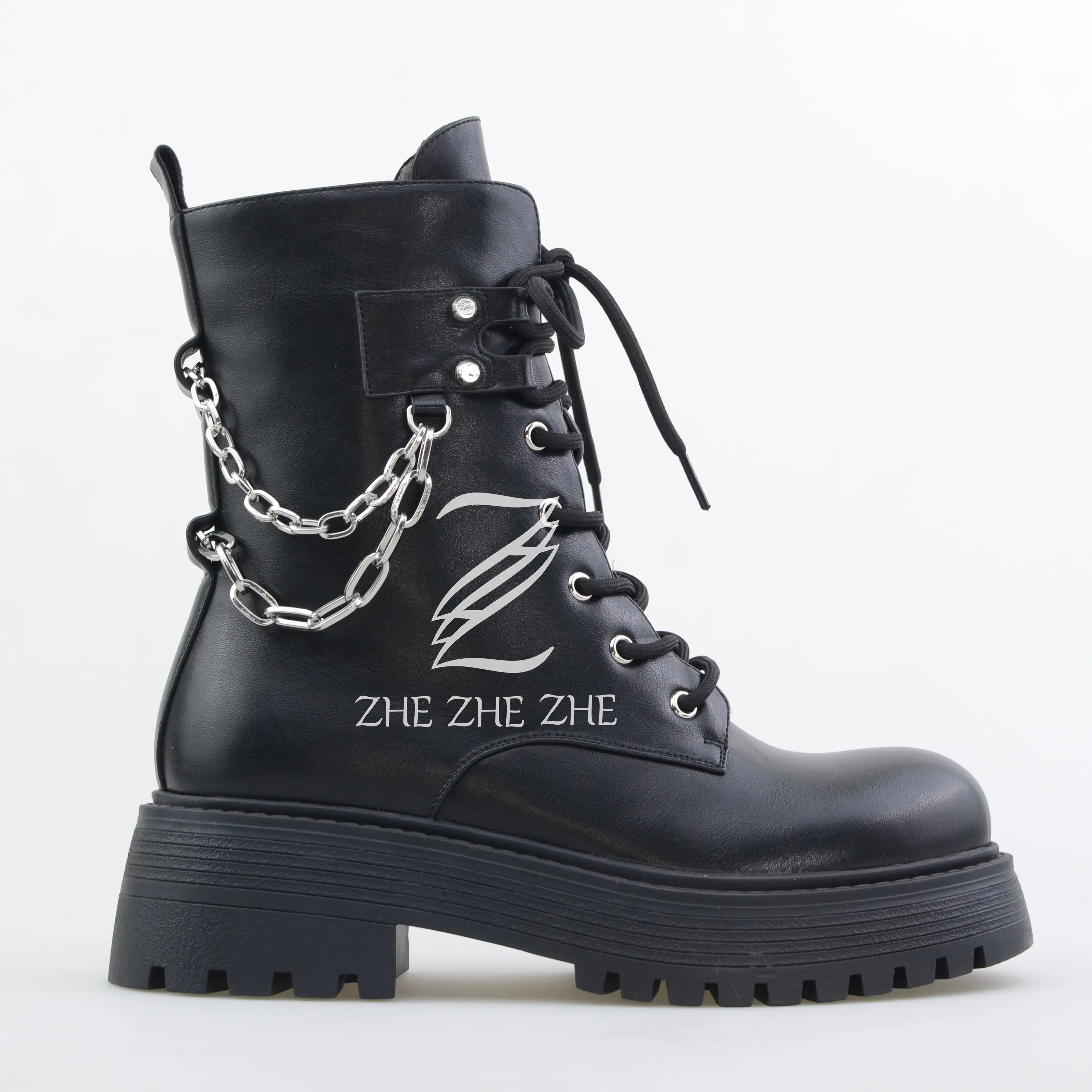 2023 New Designer Custom Punk Style Women's Boots Side Zip Lace-Up Short Ankle Booties with Silver Chain
