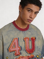 Vintage T-Shirts im amerikanischen Street-Retro-Stil mit Tierprint, 300 Gramm, schwer gewaschen, aus reiner Baumwolle, Lang- und Kurzarm, Herren, Trendmarke