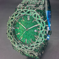 Jam Tangan Quartz Pria Model Bunga Mewah Berlian dengan Zirkon Hijau Besar, Jam Tangan Fashion Hip Hop Terbaru