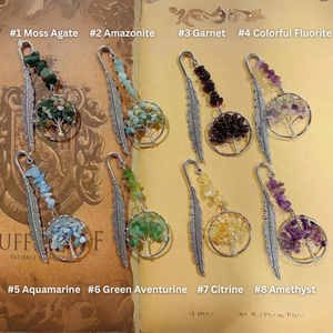 Venta al por mayor de Crystal StoneGlow: Marcapáginas de cristal natural hecho a mano de alta calidad con árbol de la vida, pluma, ojo de tigre y fresa. - Product Image 2