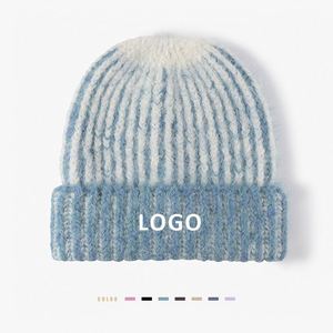 Custom Unisex Acrylic Beanie Fashion <b>Winter</b> Warm Two Tone Knitting <b>Hat</b> Casual Striped Beanies - Product Image 1