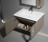 Set Meja Rias Kamar Mandi yang Dipasang di Dinding dengan Kabinet Cermin LED Pintar Warna Cokelat Kopi dan Wastafel Keramik