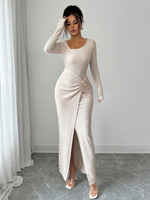 Robe longue élégante pour femmes, nouvelle collection automne, col irrégulier, couleur unie, texture tricotée