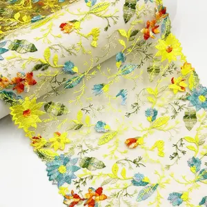 OEM Segar 3D Bordir Renda Kain 24CM Gradien Kuning Bunga Bordir Perbatasan Renda Potong untuk Gaun Pengantin