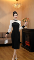 Robe midi femme 2049 noire et blanche à blocs de couleur, manches longues, maille transparente, élégante, moulante, pour le bureau ou les soirées