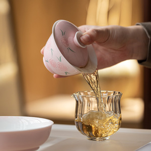Pink Glazed Floral Ceramic Gaiwan With Lid Porcelain <b>Tea</b> Bowl For Kung Fu <b>Tea</b> <b>Set</b> Afternoon <b>Tea</b> - Product Image 2