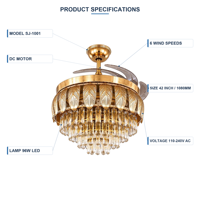 Ventilateur de plafond moderne invisible en cristal doré de 48 pouces avec lumières LED, moteur DC, 6 vitesses, cristal K9, variateur d'intensité, pour la maison et le bureau