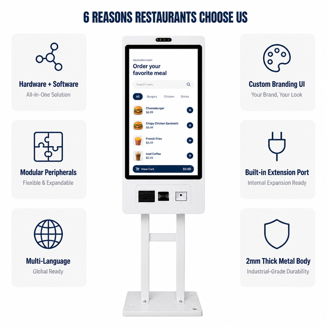 21.5 27 Inch Self Service Cashless Ordering Payment Kiosk with Touch Screen QR Scanner Barcode Reader POS for Restaurant