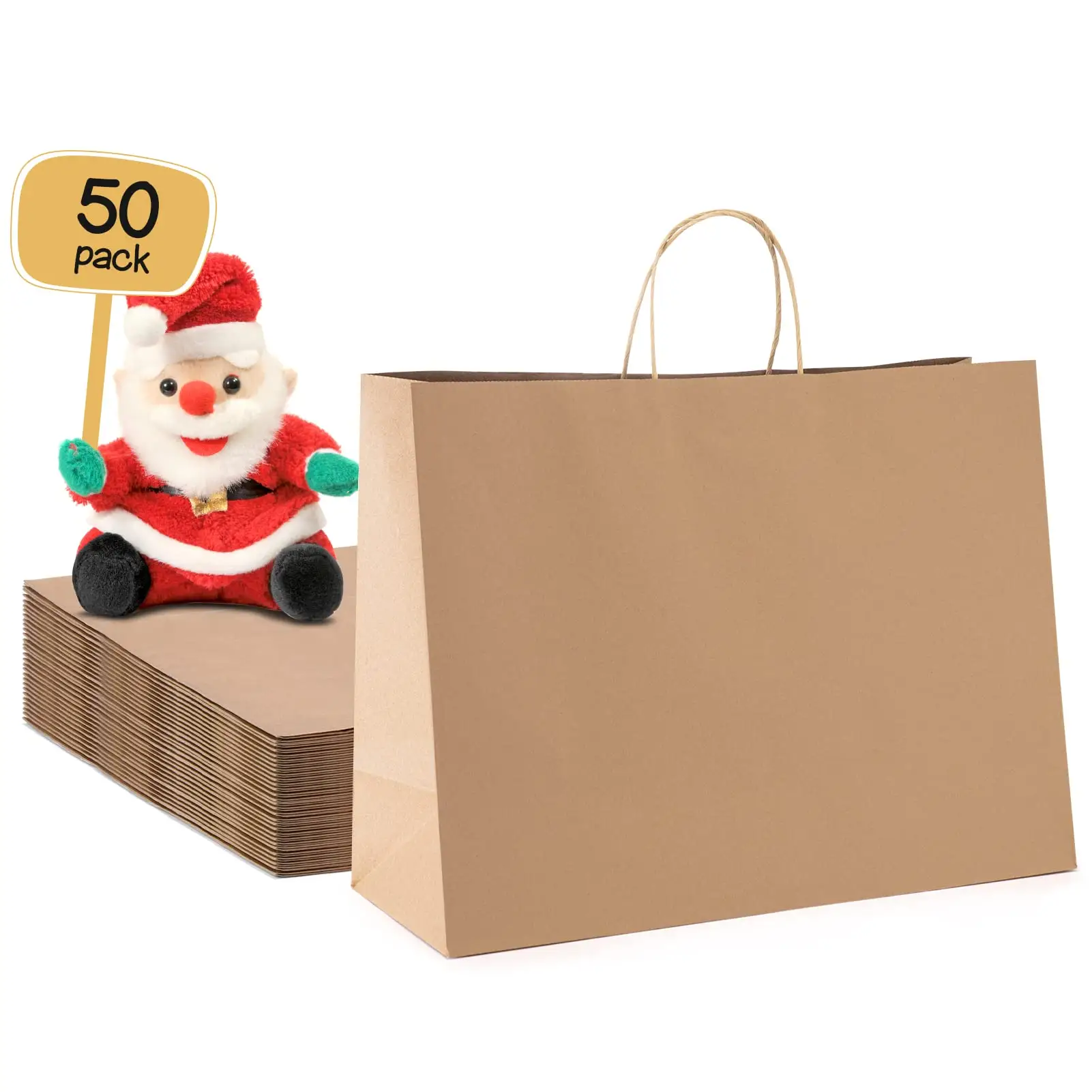 Оптовая продажа, рождественские коричневые бумажные подарочные пакеты из крафт-бумаги с ручками для дня рождения, сувениры, покупки, розничные товары
