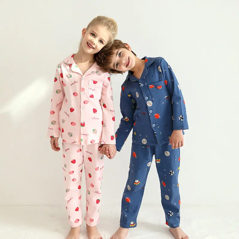 Toptan kızlar 2 adet 100% pamuklu uzun kollu tişört düğme loungewear pijama güzel çilek pijama set