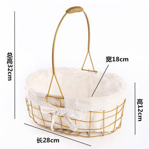 Metal <b>Flower</b> Basket 22Cm Diameter Gold <b>Wire</b> With Lace Liner For Living Room Decoration - Product Image 3