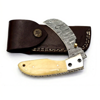 Couteau de combat pliant à lame Damas avec manche en os gravé d'un aigle, qualité industrielle, étui en cuir OEM