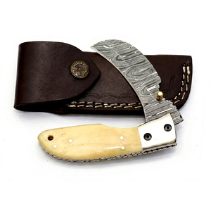 Damascus blade <b>knife</b> Eagle engraved wood <b>handle</b> Industrial grade folding <b>knife</b> Pocket <b>knife</b> with leather sheath - Product Image 1