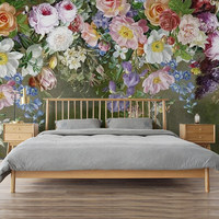 Murale murale européenne traditionnelle à fleurs de roses peintes à la main, non tissée, résistante aux plis, imperméable, pour fond de télévision, facile à poser soi-même