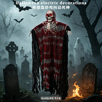 Décoration d'Halloween : Fantôme squelette suspendu, déchiqueteur en gaze rouge, accessoire animatronique avec yeux lumineux activés par le son, pour maison hantée et cimetière