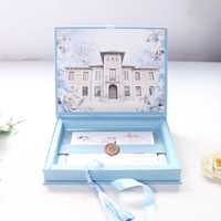 Boîte d'invitation de mariage bleu clair à couverture rigide, invitation de mariage personnalisée imprimée avec sceau de cire et pompon